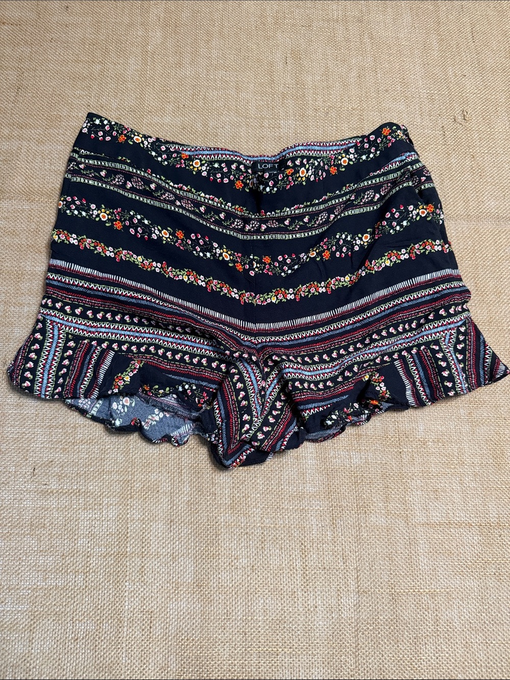 LOFT Navy Multicolor Floral Stripe Ruffle-Hem High-Waist Shorts